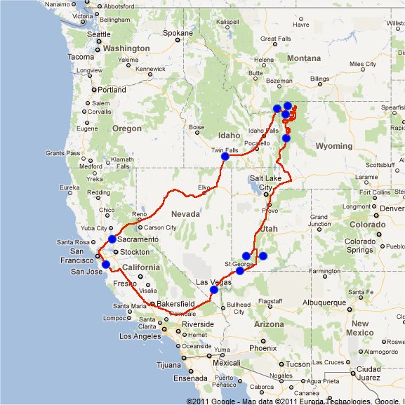Kaart roadtrip USA 2011